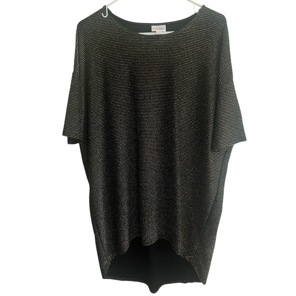 LuLaRoe Irma Black Metallic Gold High Low Short Sleeve Top‎ S Women Lamé